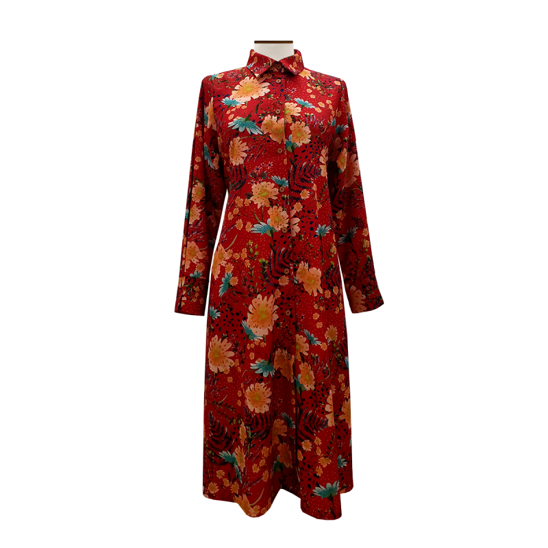 Vestido camisero crepe rojo flores
