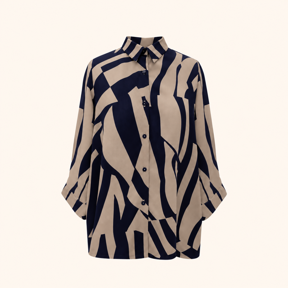 Camisa Duna, estampado abstracto azul marino sobre fondo rosa empolvado